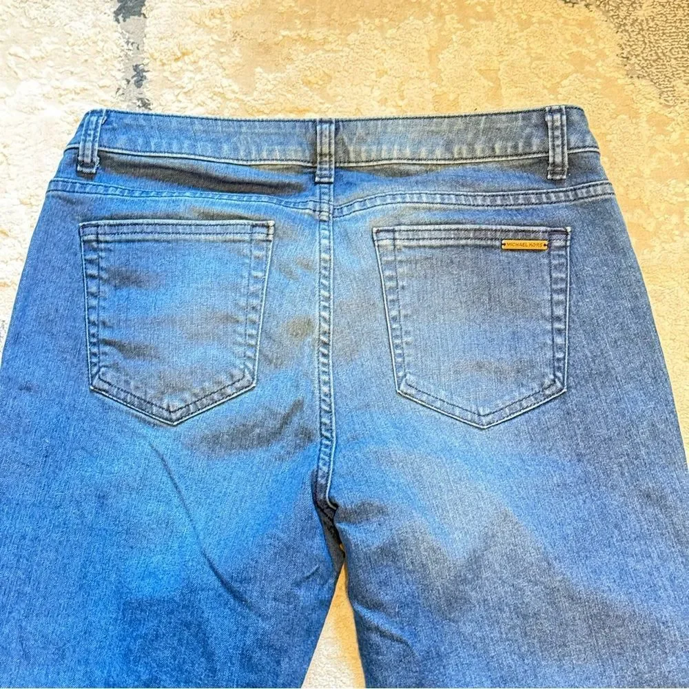 Michael Kors Izzy Skinny Ankle Jeans in Medium Blue Wash Raw Hem Split Cuff Sz 8